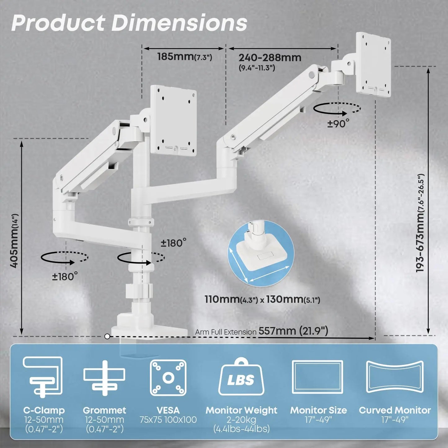 PUTORSEN 17-49”Premium Aluminum Heavy Duty Dual Monitor Arm for Ultrawide Screens up to 44lbs, Vertical Stacked Dual Monitor Desk Mount, Full Motion Dual Vertical Monitor Mount, VESA 75/100, White PUTORSEN