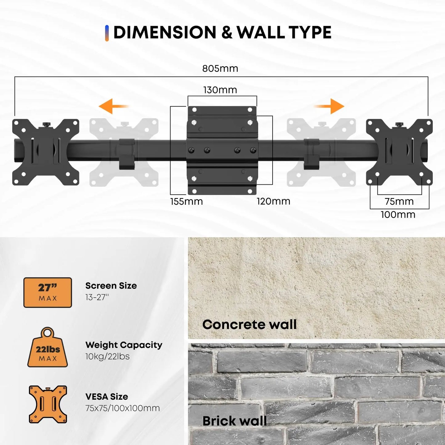 PUTORSEN Dual Monitor Wall Mount, Horizontal Assembly Mount for 2 Monitor Screens up to 27 inches,Max. 10kg, VESA 75x75/100x100mm PUTORSEN