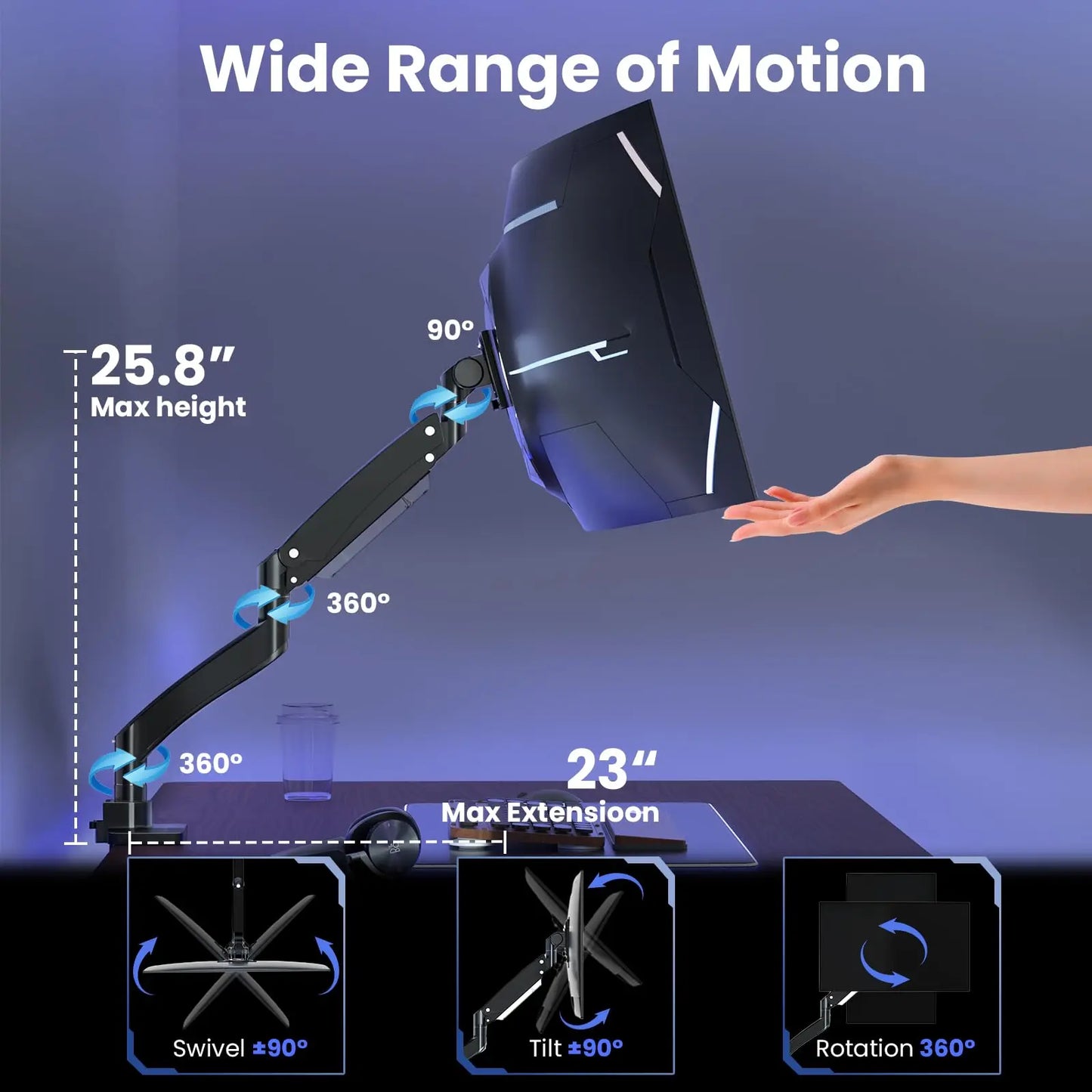 PUTORSEN 22-57 inch Single Monitor Mount, Heavy Duty Monitor Arm Desk Mount Holds up to 59.4lbs, Fully Adjustable Ultrawide Monitor Stand with Steel Monitor Mount Reinforcement Plate, VESA75/100/200 PUTORSEN