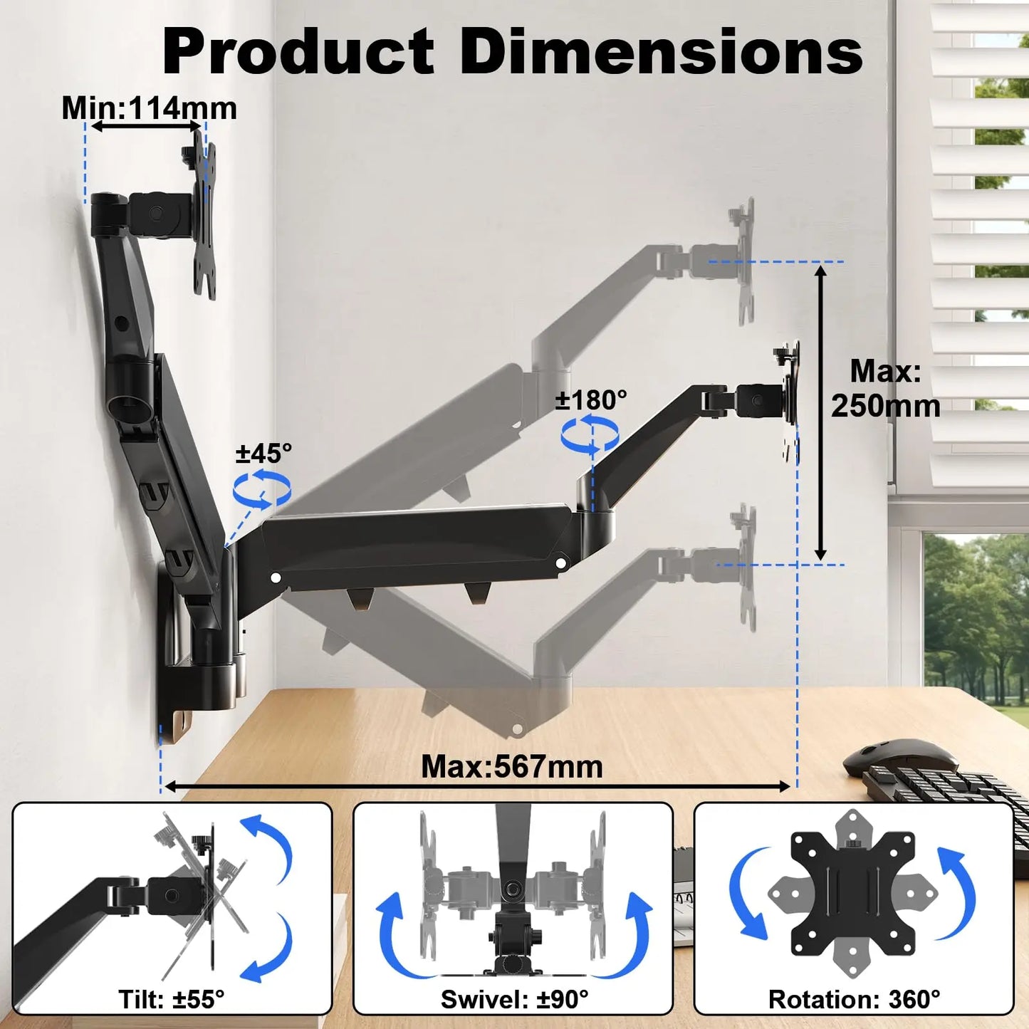 Dual Monitor Wall Mount for Screens up to 32 inch, Fully Adjustable Tilt Swivel Arms Supporting 19.8 lbs PUTORSEN