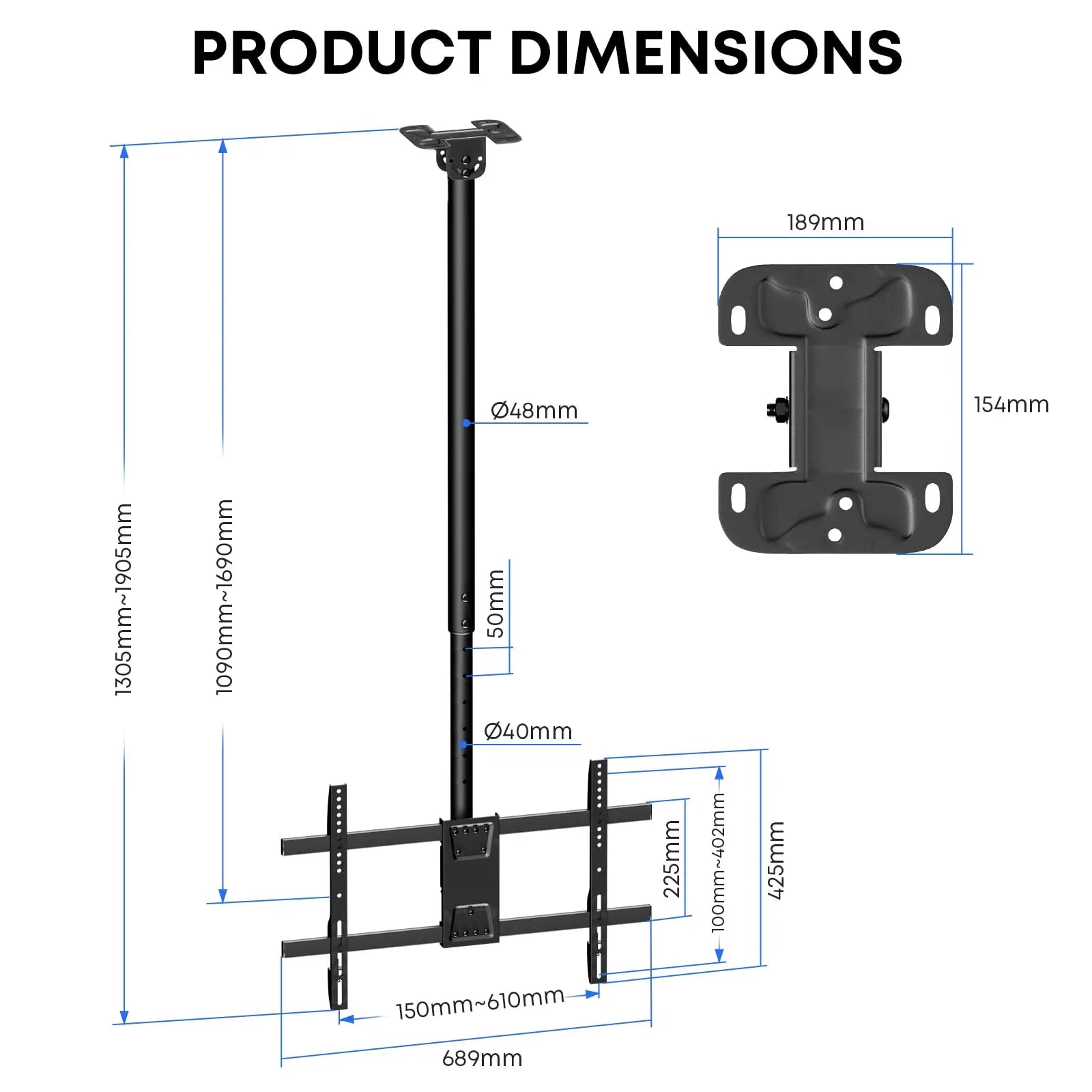 From 42.9” to 66.5” Height Adjustable Ceiling Mount TV Bracket - Fits most 43-86 inch TVs PUTORSEN