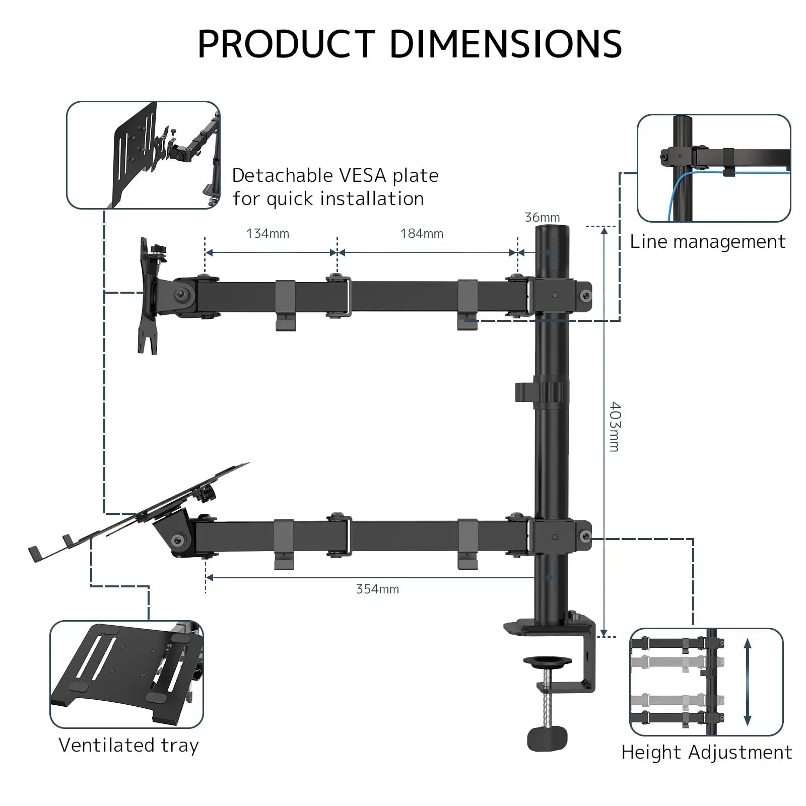 Laptop Monitor Mount Stand Base for 1 monitor up to 32” and 1 laptop up to 17”,Black PUTORSEN