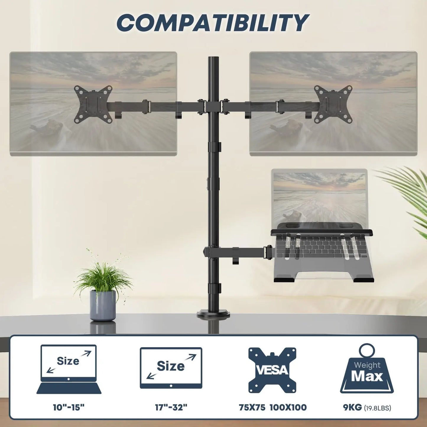 PUTORSEN  Dual Monitor Stand and Laptop Mount Fit Two 17 to 32 Inch Monitor and 10 to 15 Inch Laptop,Extra Tall Adjustable Stand,19.8 lbs Weight Capacity per Arm,Black PUTORSEN