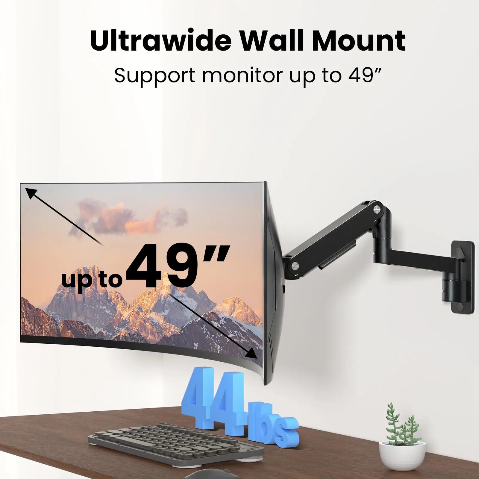 PUTORSEN Monitor Wall Mount Arm - Heavy Duty for Ultrawide Computer up to 49 inches and 44 lbs with Gas Spring PUTORSEN