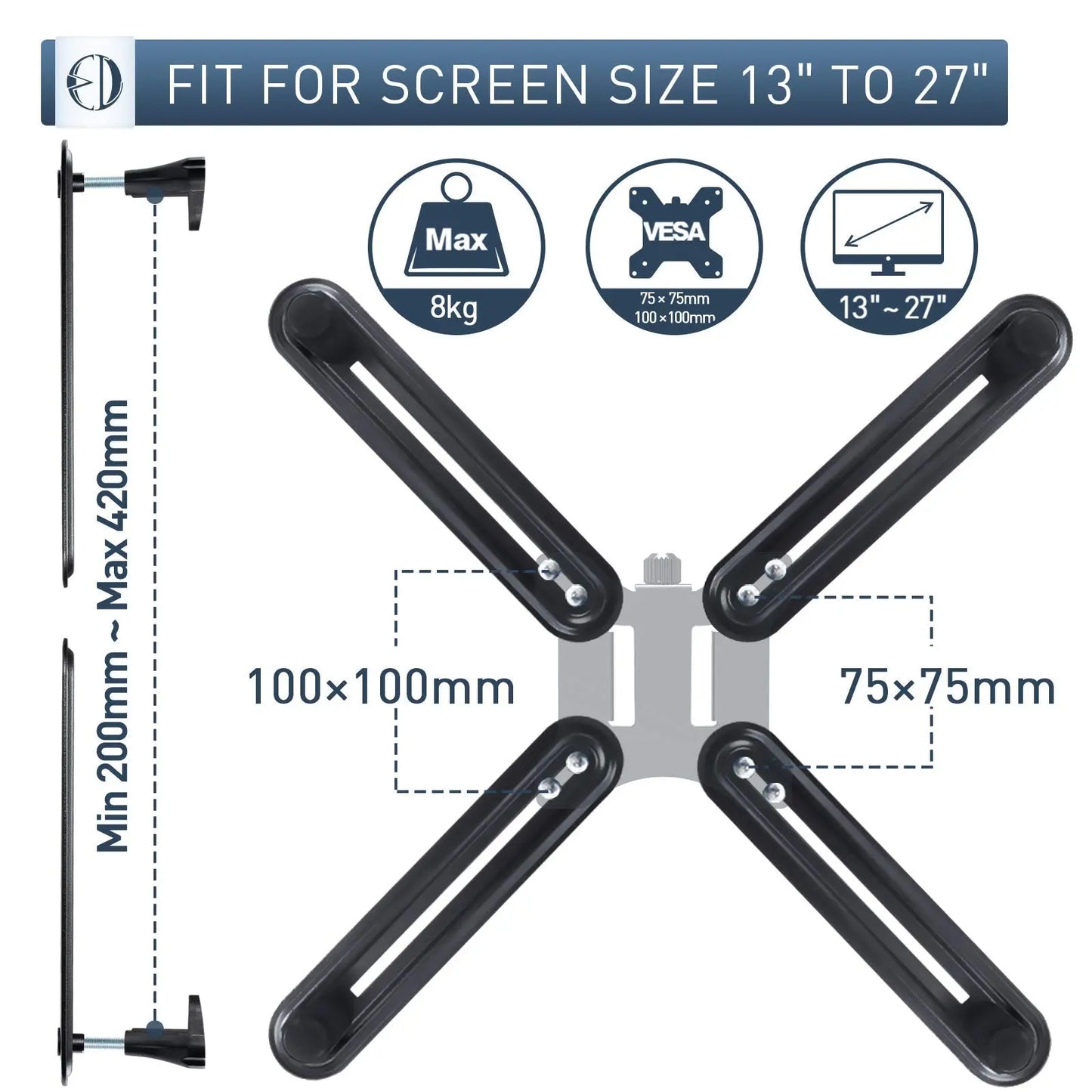 PUTORSEN Non VESA Adapter Kit, for Screens 13" – 27” Without Rear Fixing Holes PUTORSEN