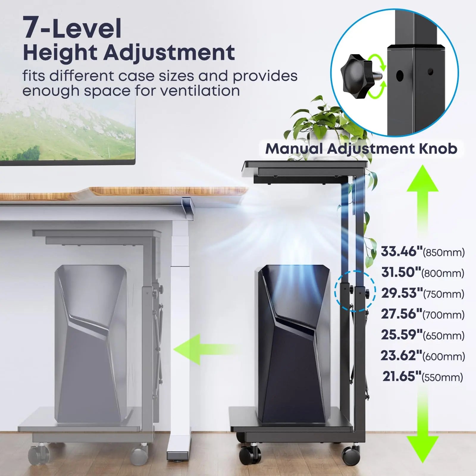 PUTORSEN PC Tower Stand, Height Adjustable Computer Tower Stand Under Desk, 2-Tier ATX-Case PC Floor Stand, PC Holder, Under Desk Printer Stand with Rolling Wheels, Black PUTORSEN