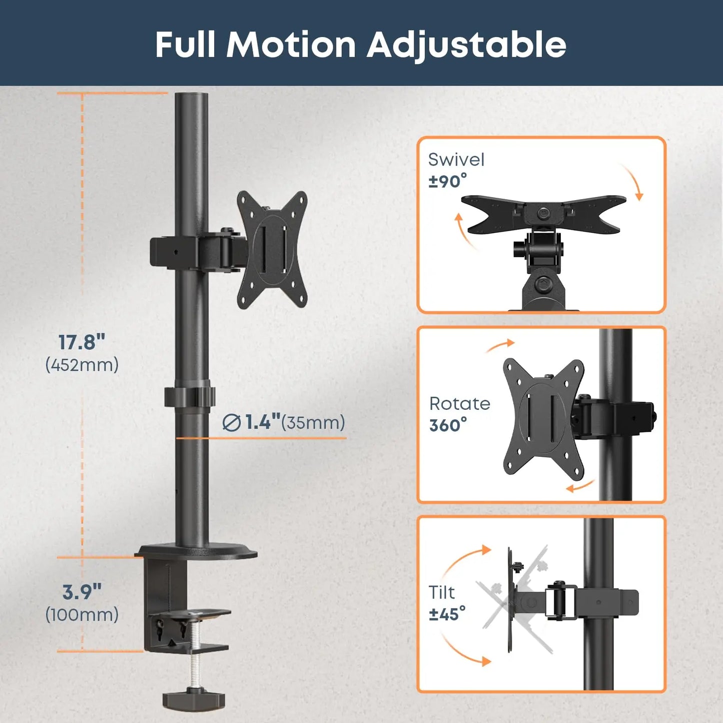 PUTORSEN Single Monitor Desk Mount for 17-42 Inch Monitor and TV, up to 26.4 lbs, Ultrawide Monitor Arm Mount for Flat Curved Computer & TV Screen with VESA 75×75 to 200×200, with Cable Clips PUTORSEN