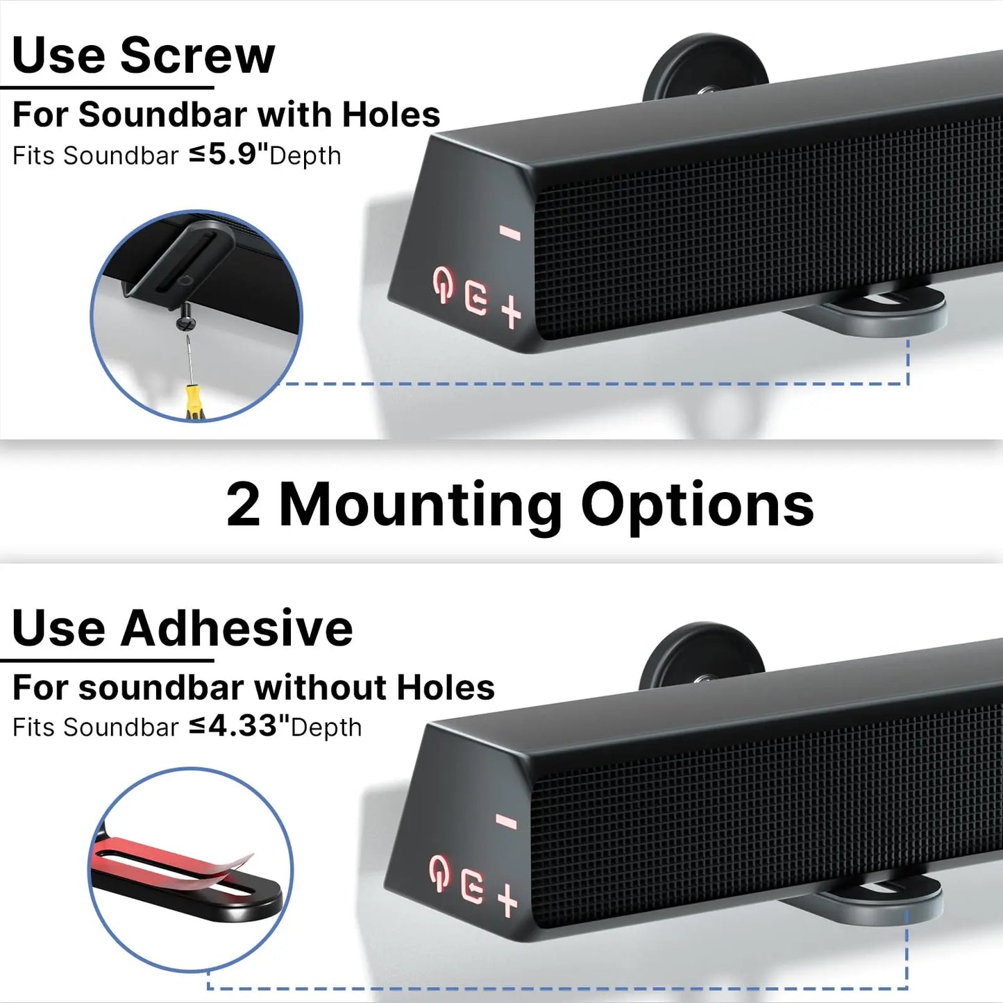 PUTORSEN Soundbar Mount Shelf Universal,Soundbar Wall Mount Bracket with EVA Padded Base&Adhesive,Sound Bar Mounts Under TV Mounting Bracket fits soundbar with or Without Holes up to 33lbs,Black PUTORSEN