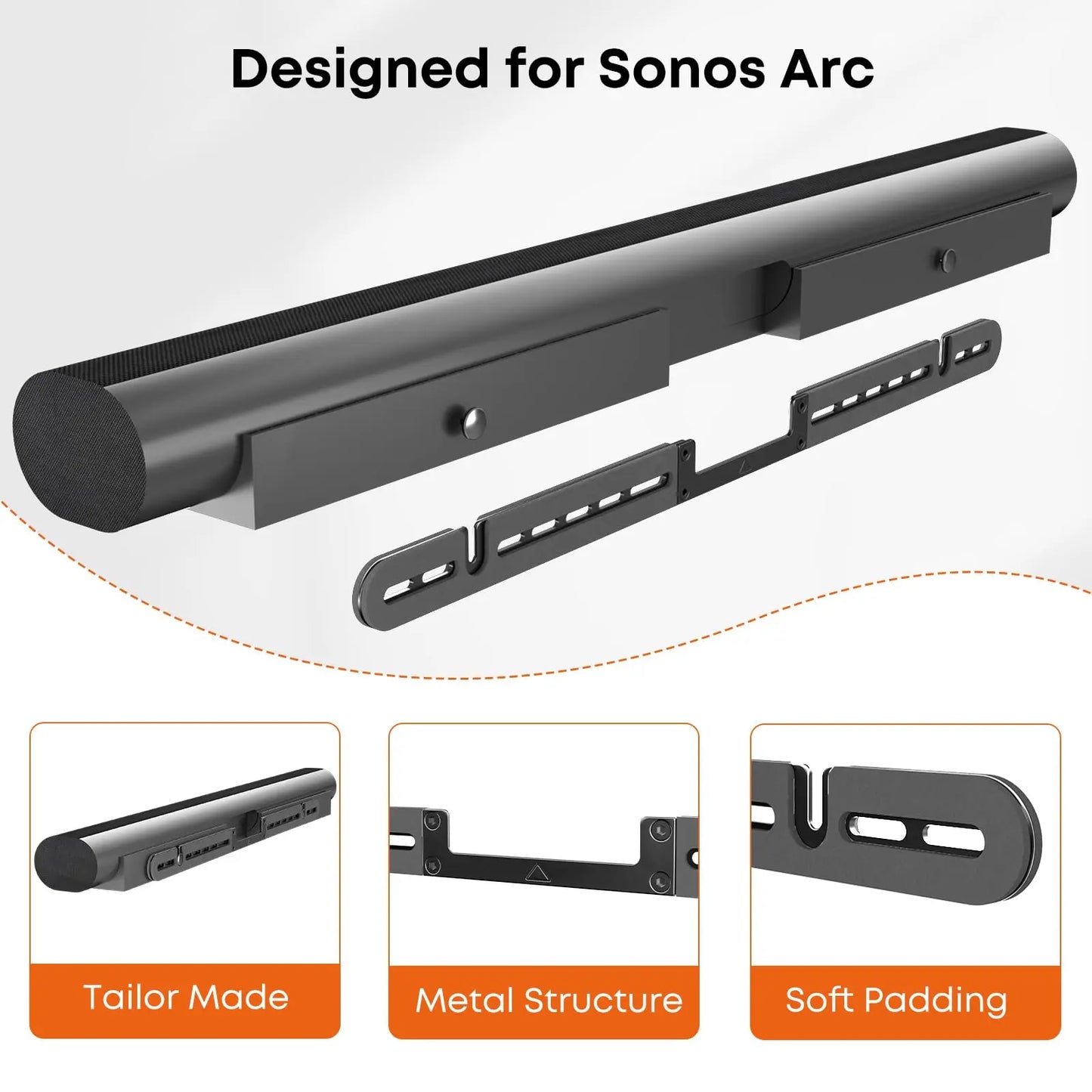 PUTORSEN Soundbar Wall Mount Designed for Sonos Arc Sound Bar,Low Profile Soundbar Mounting Bracket Under TV with High Density Foam Padding,Easy Assembly,Black PUTORSEN