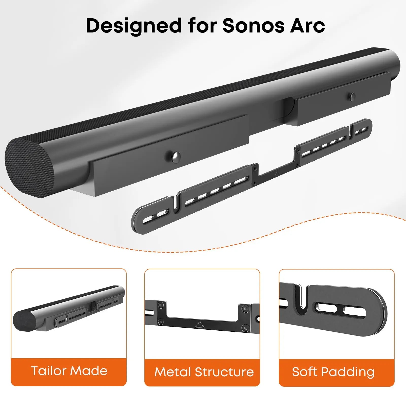 PUTORSEN Soundbar Wall Mount Designed for Sonos Arc Sound Bar,Low Profile Soundbar Mounting Bracket Under TV with High Density Foam Padding,Easy Assembly,Black PUTORSEN