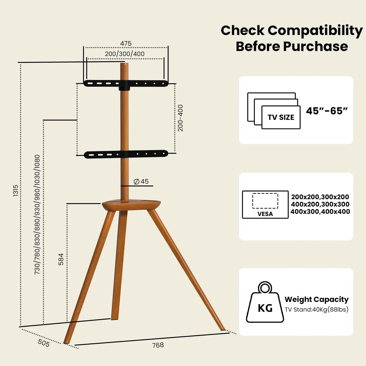 PUTORSEN TV stand wood - Tripod TV stand height-adjustable for TV 45-65 inch up to 40 kg PUTORSEN