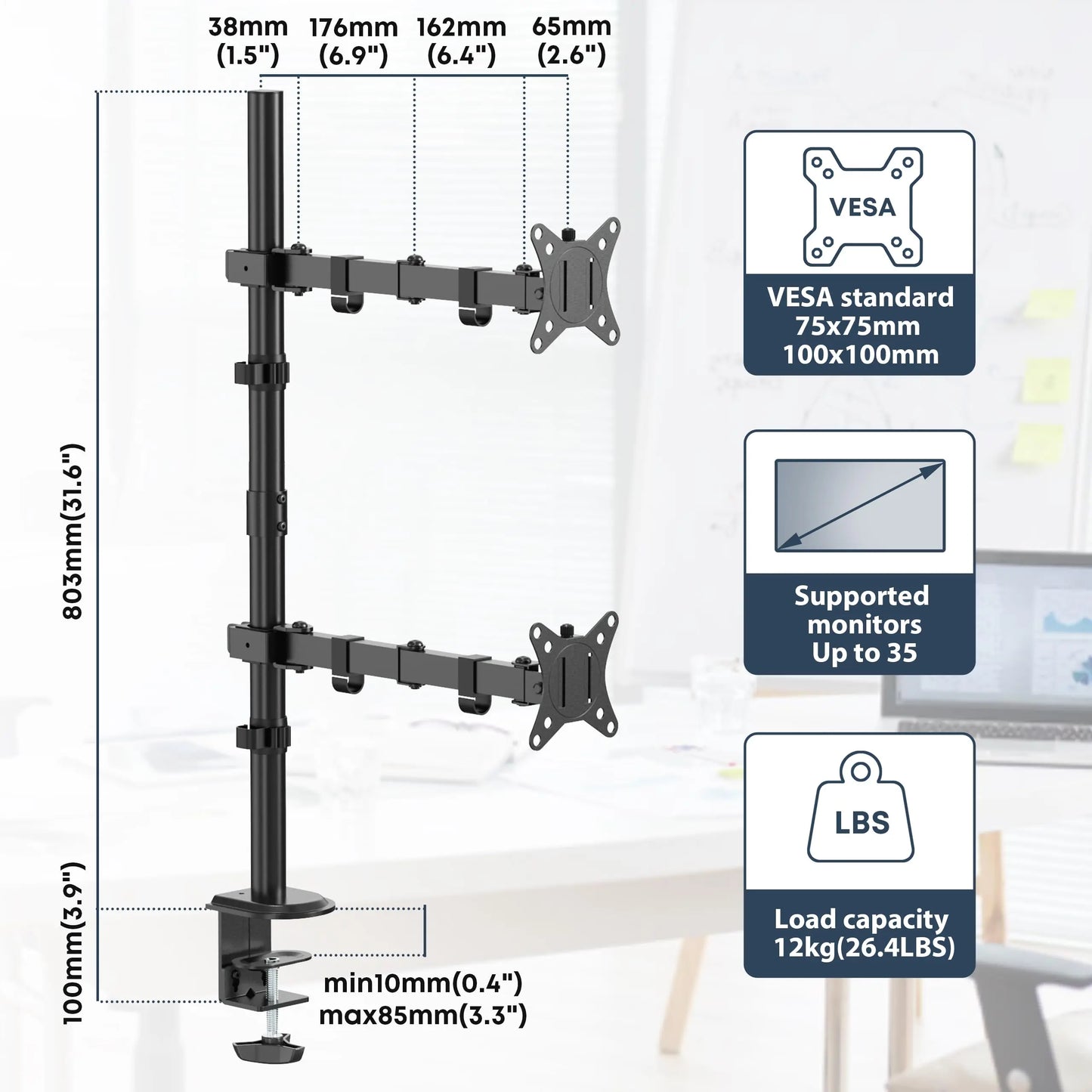 PUTORSEN Vertical Dual Monitor Arm Desktop Stand for 17-inch to 35-inch Screens 12KG PUTORSEN