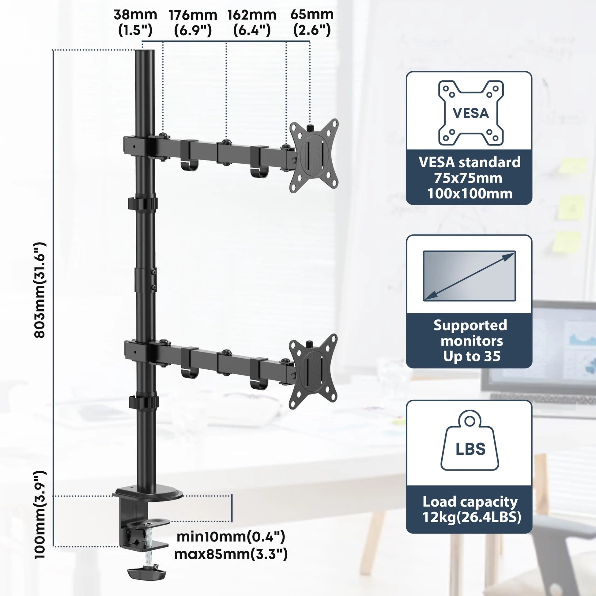 PUTORSEN Vertical Dual Monitor Arm Desktop Stand for 17-inch to 35-inch Screens 12KG PUTORSEN