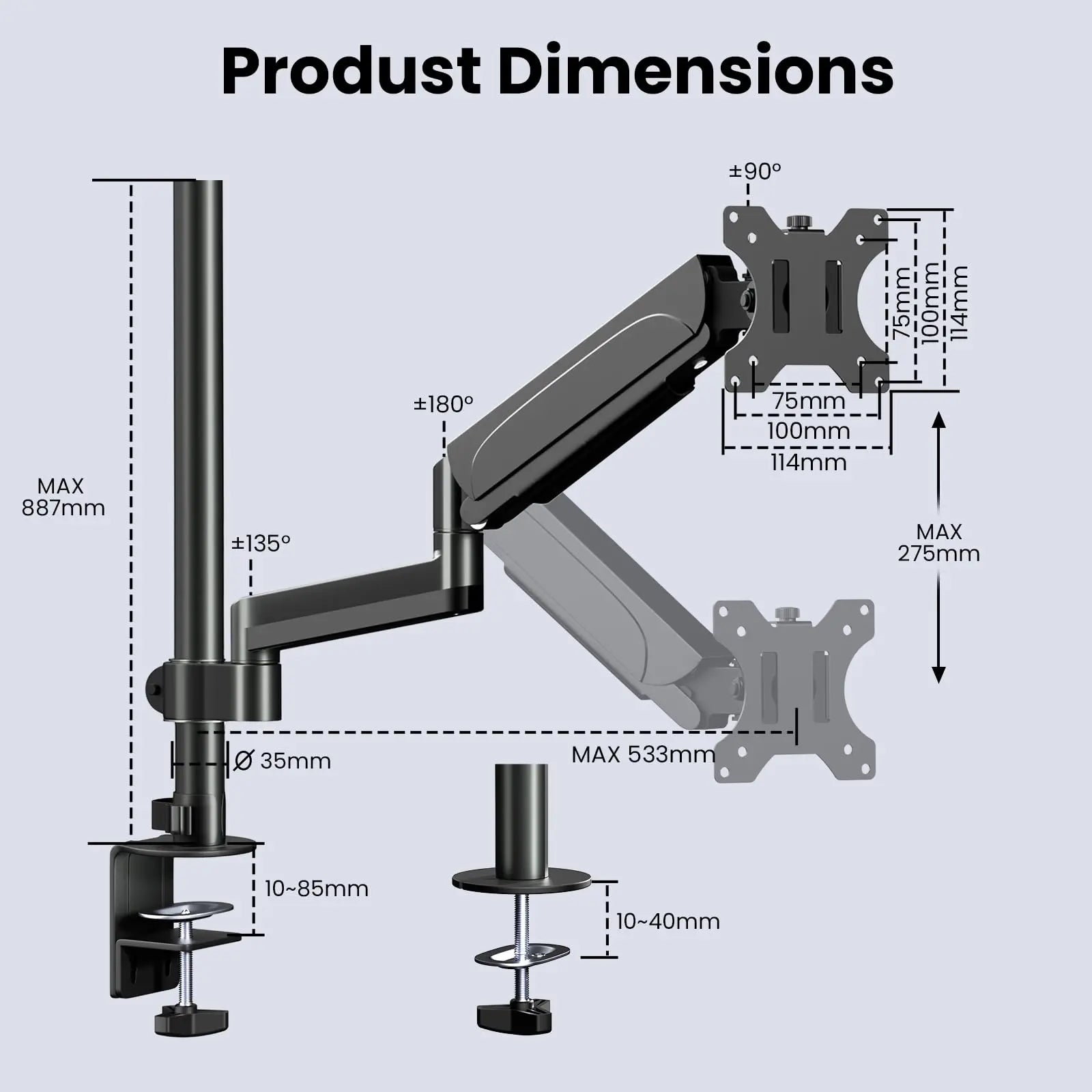 PUTORSEN single monitor mount for 17 to 32 inch screens and with 88.7cm pole PUTORSEN