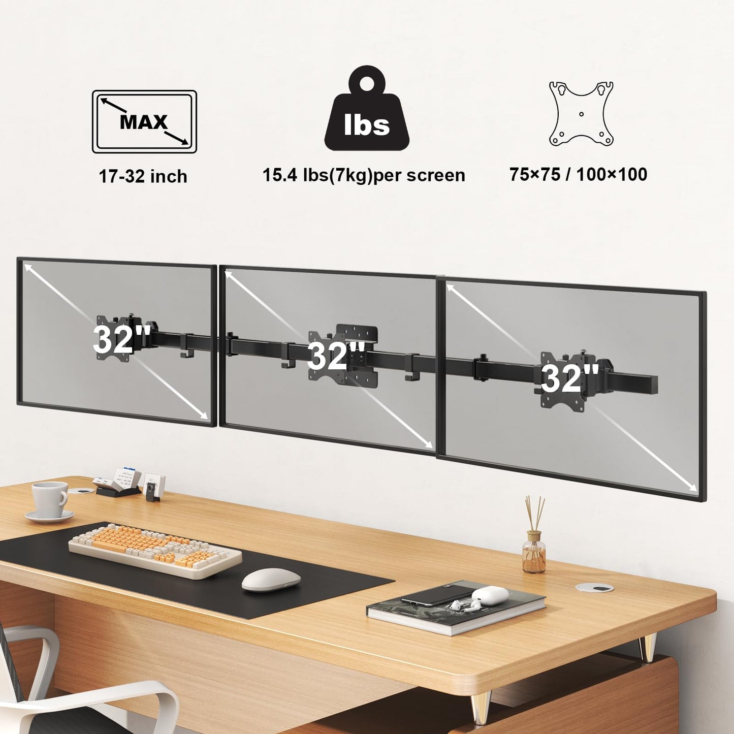 Triple Monitor Wall-Mount for 17"-32" Screens - Space-saving,Tilt, Swivel, Rotation, Max 15.4lbs per Screen, Black