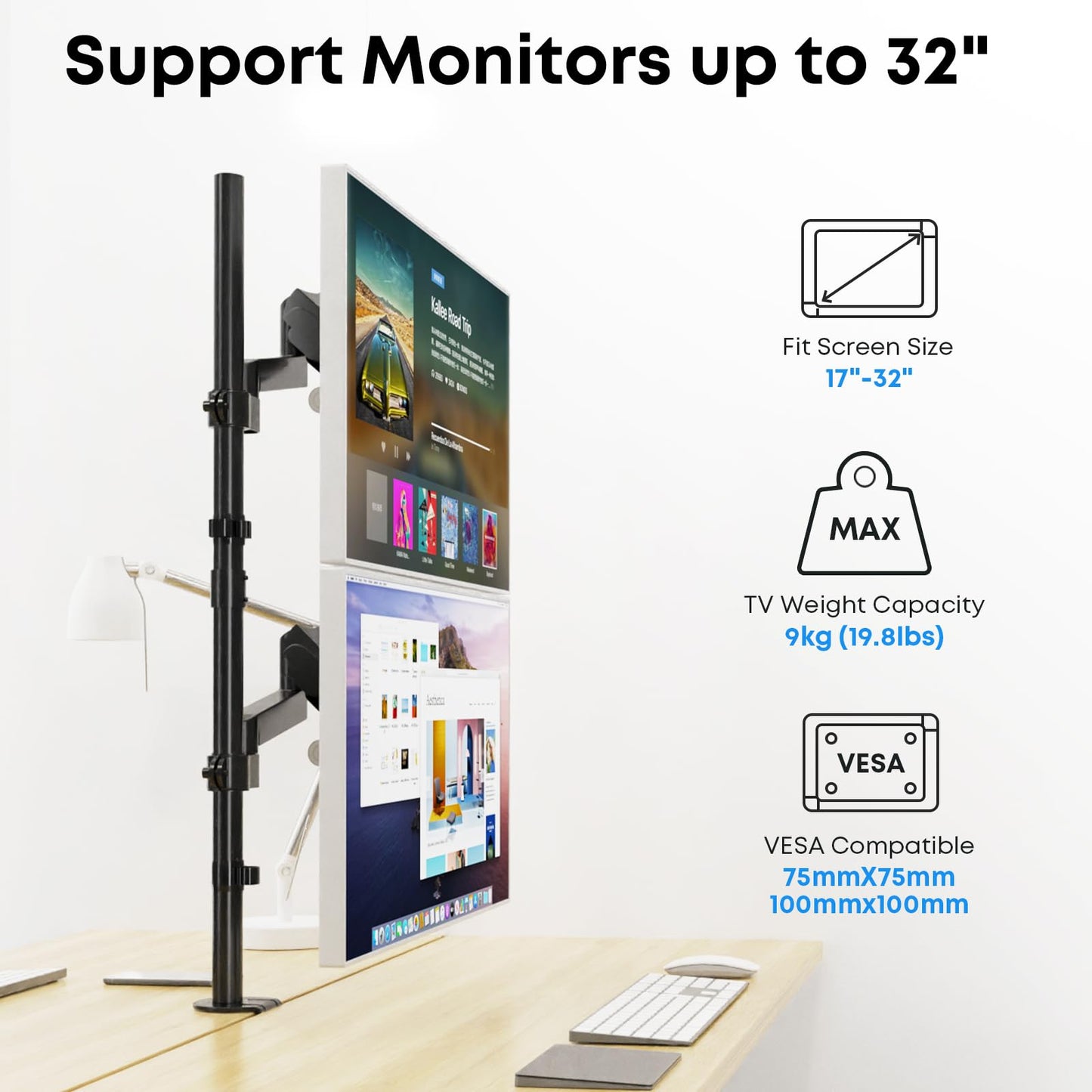 PUTORSEN Dual Monitor Vertical Stacking Desktop Stand, Ultra-High Stands for 17-27” Screens