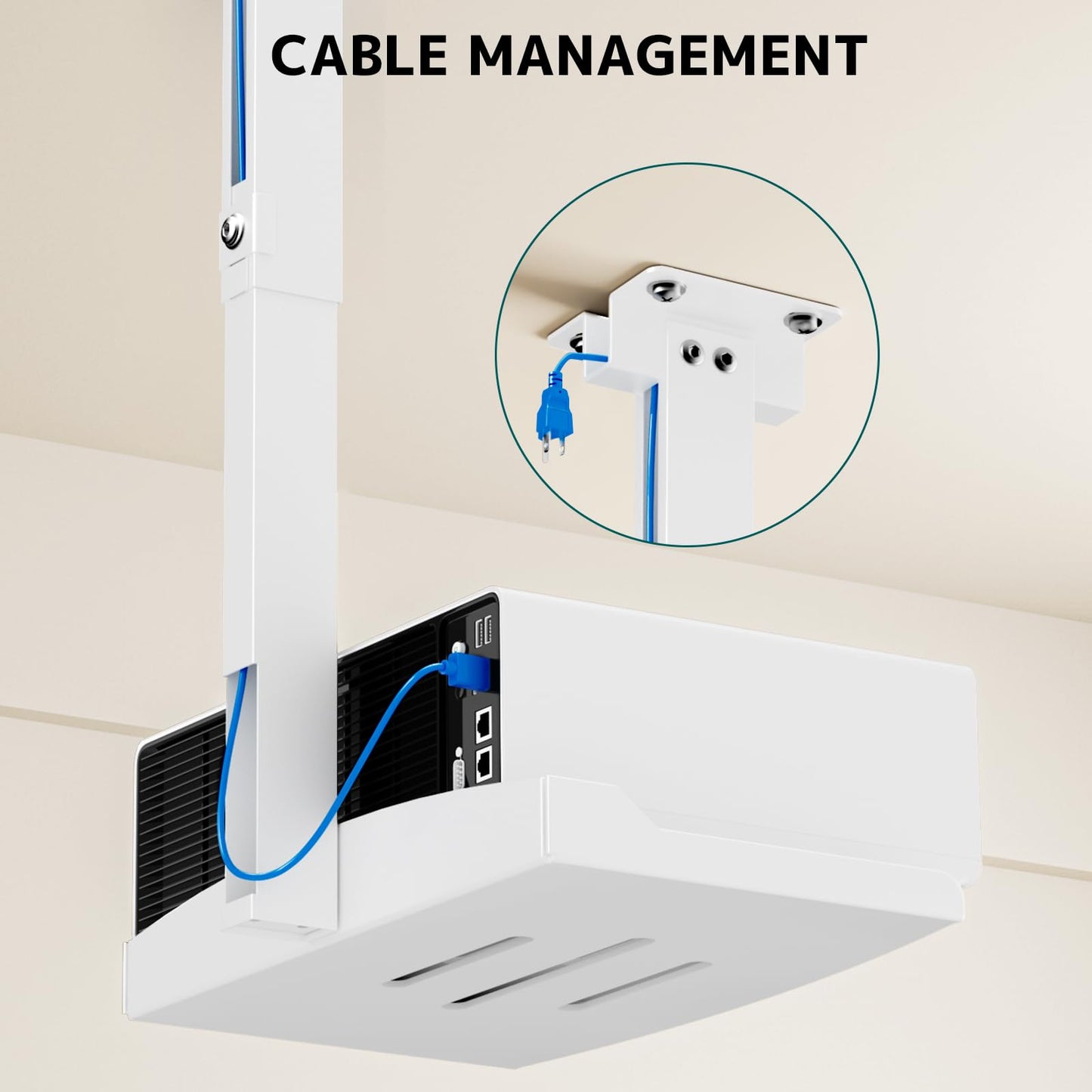 Projector Ceiling Mount with Tray,  No Hole Installation, Holds up to 22 lbs – Ideal for Home Theater & Office (White)