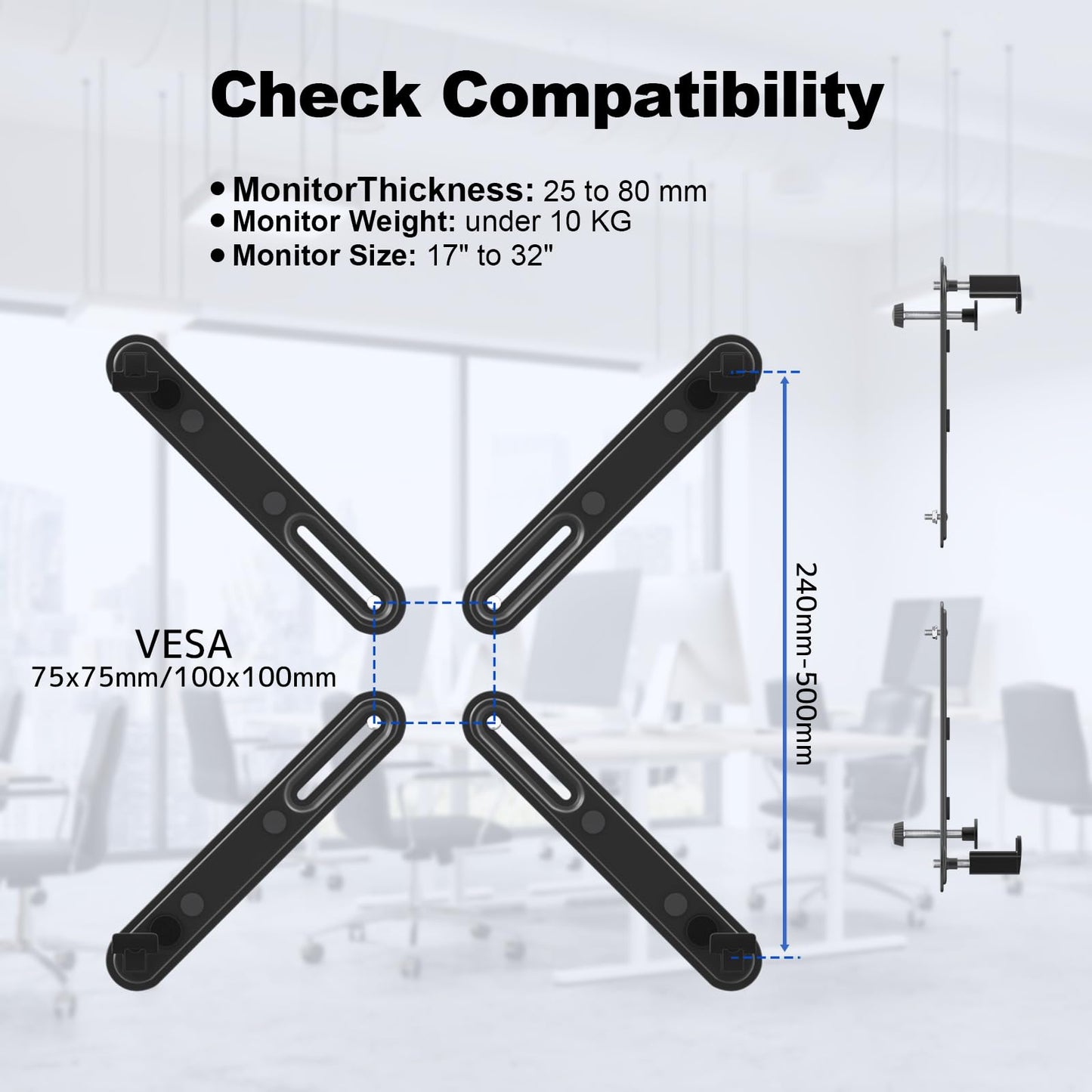 Non-VESA adapter for 17“ to 32” monitor without rear holes, VESA adapter for monitor with VESA 75 x 75 to 100 x 100 mm, maximum load 10 kg