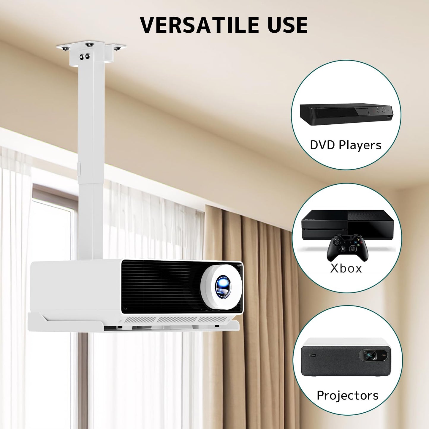 Projector Ceiling Mount with Tray,  No Hole Installation, Holds up to 22 lbs – Ideal for Home Theater & Office (White)