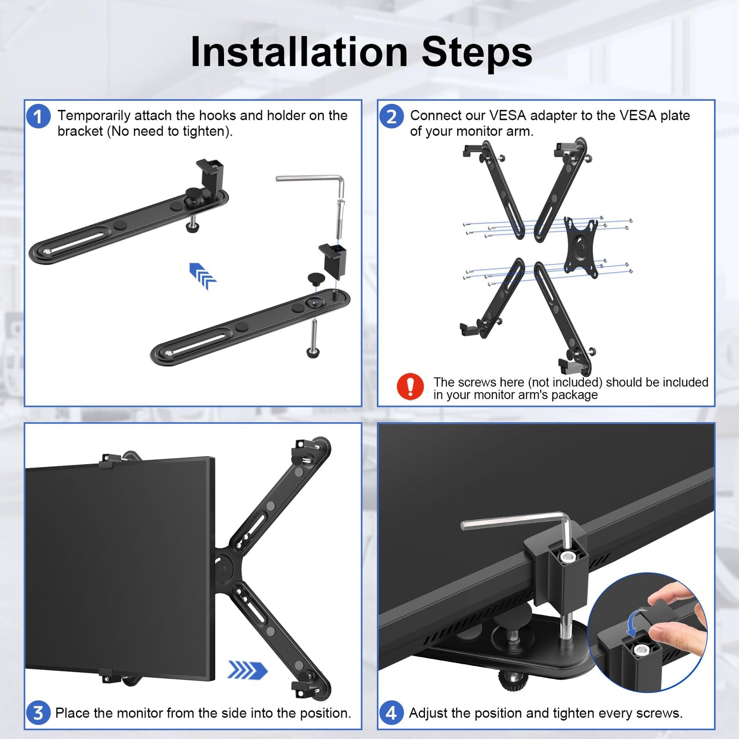 Non-VESA adapter for 17“ to 32” monitor without rear holes, VESA adapter for monitor with VESA 75 x 75 to 100 x 100 mm, maximum load 10 kg