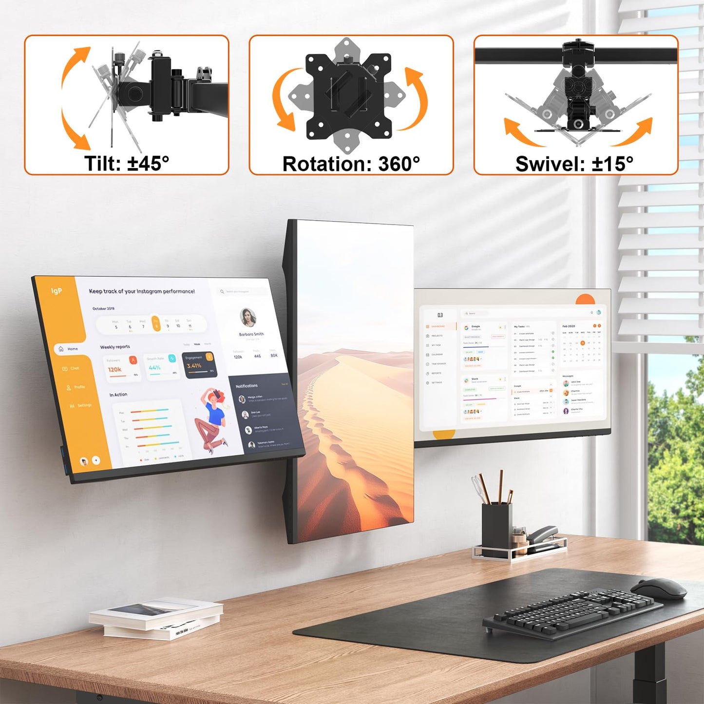 Triple Monitor Wall-Mount for 17"-32" Screens - Space-saving,Tilt, Swivel, Rotation, Max 15.4lbs per Screen, Black